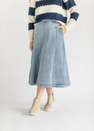 Back Zip A-line Denim Midi Skirt