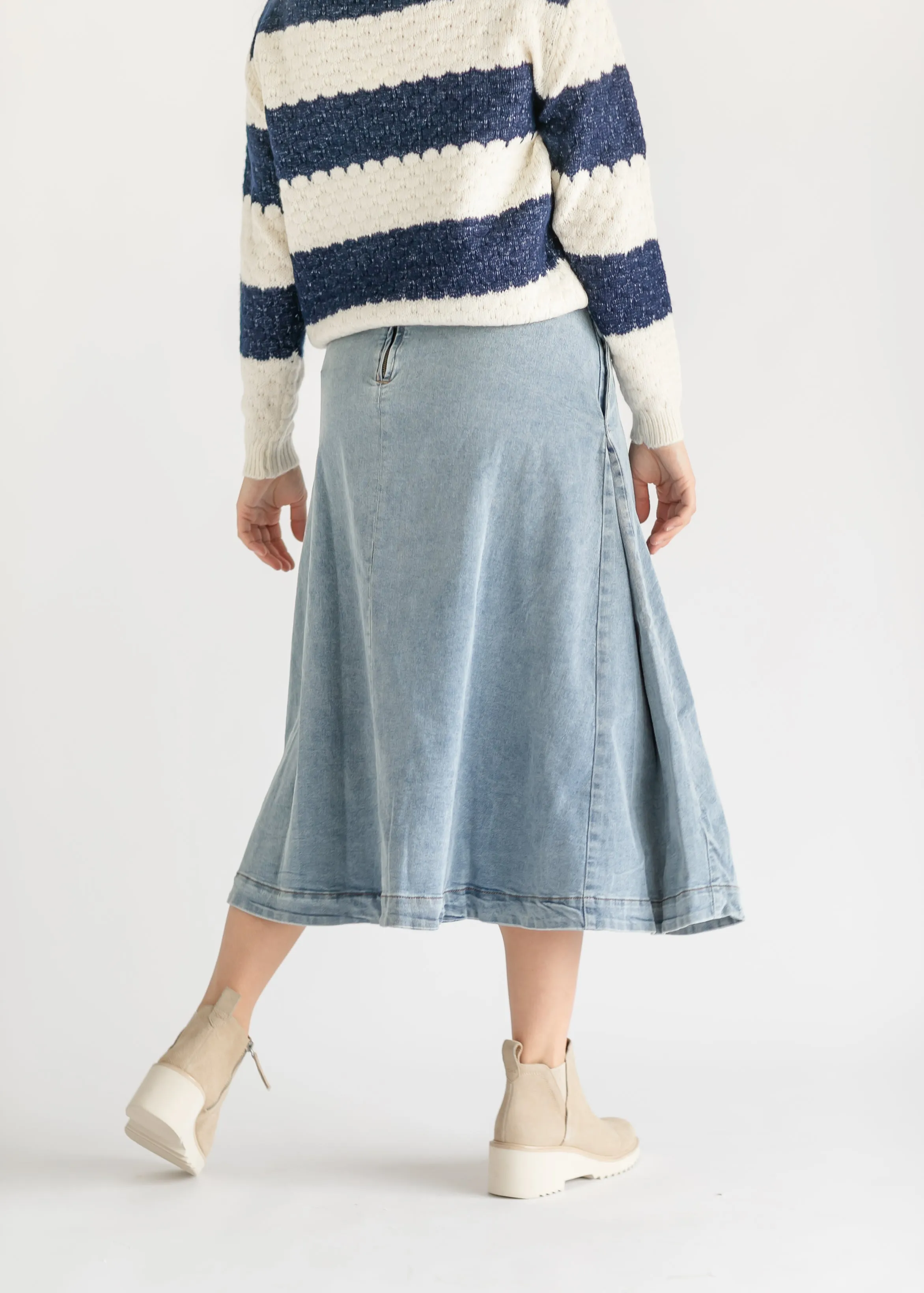 Back Zip A-line Denim Midi Skirt