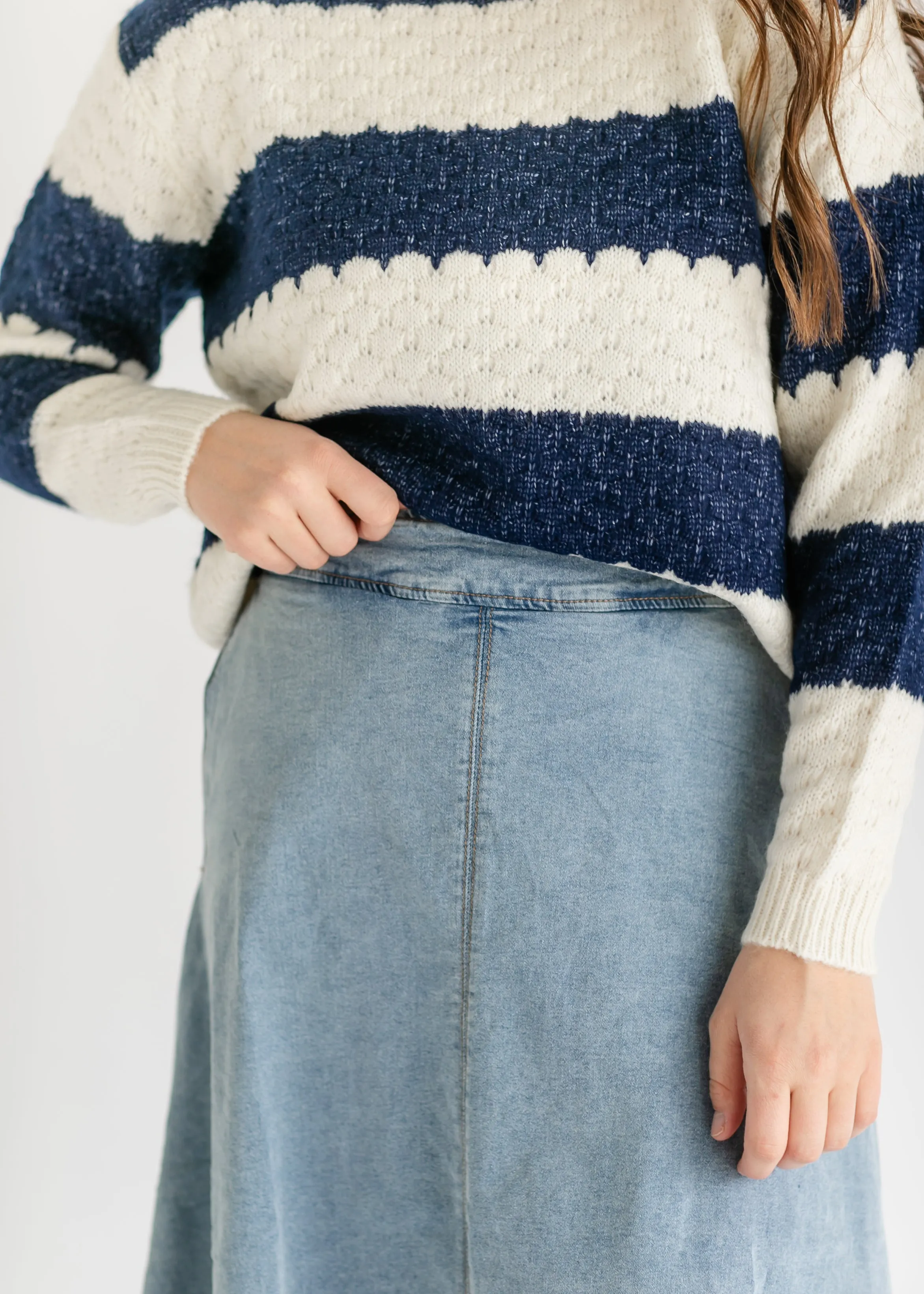 Back Zip A-line Denim Midi Skirt