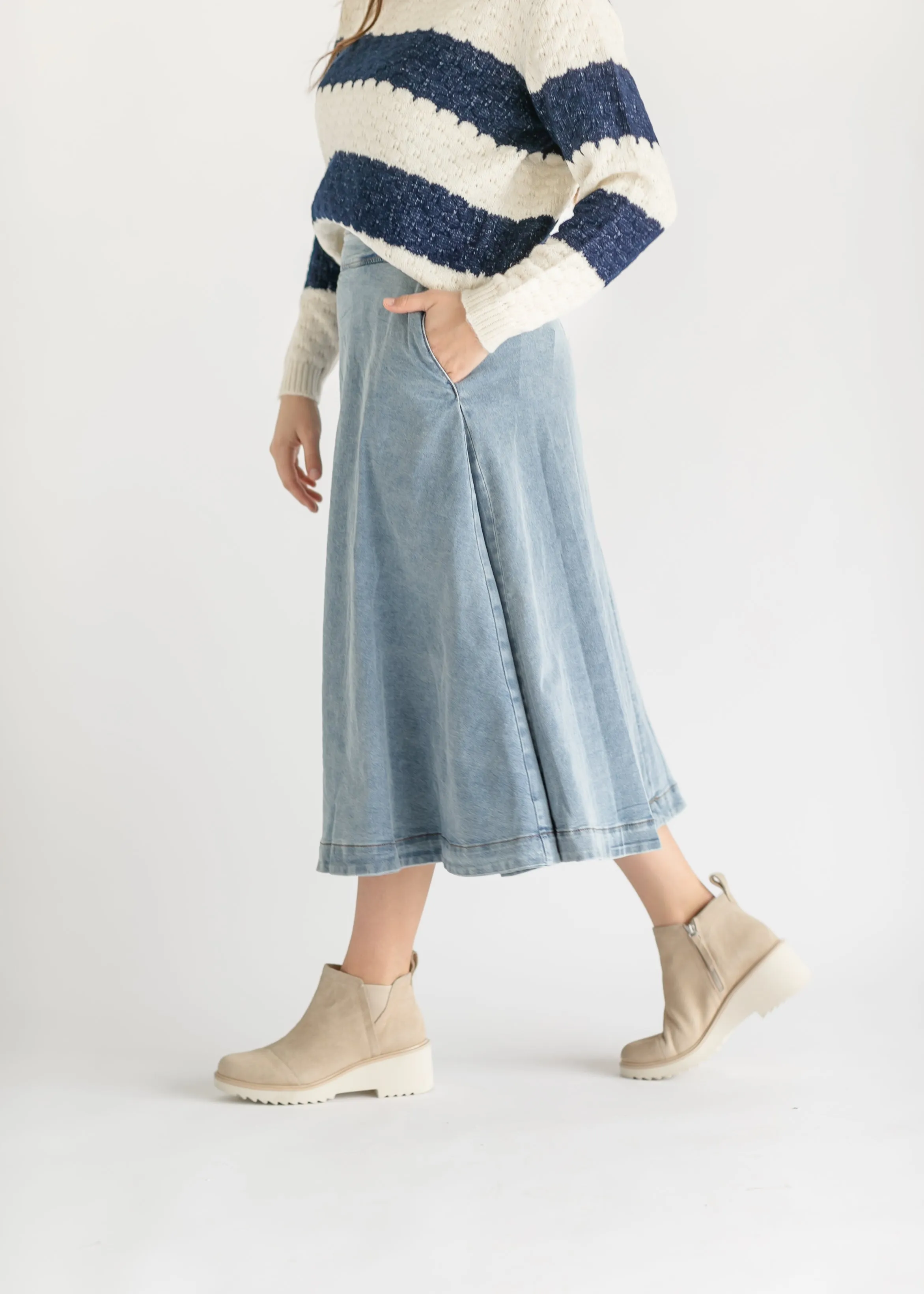Back Zip A-line Denim Midi Skirt