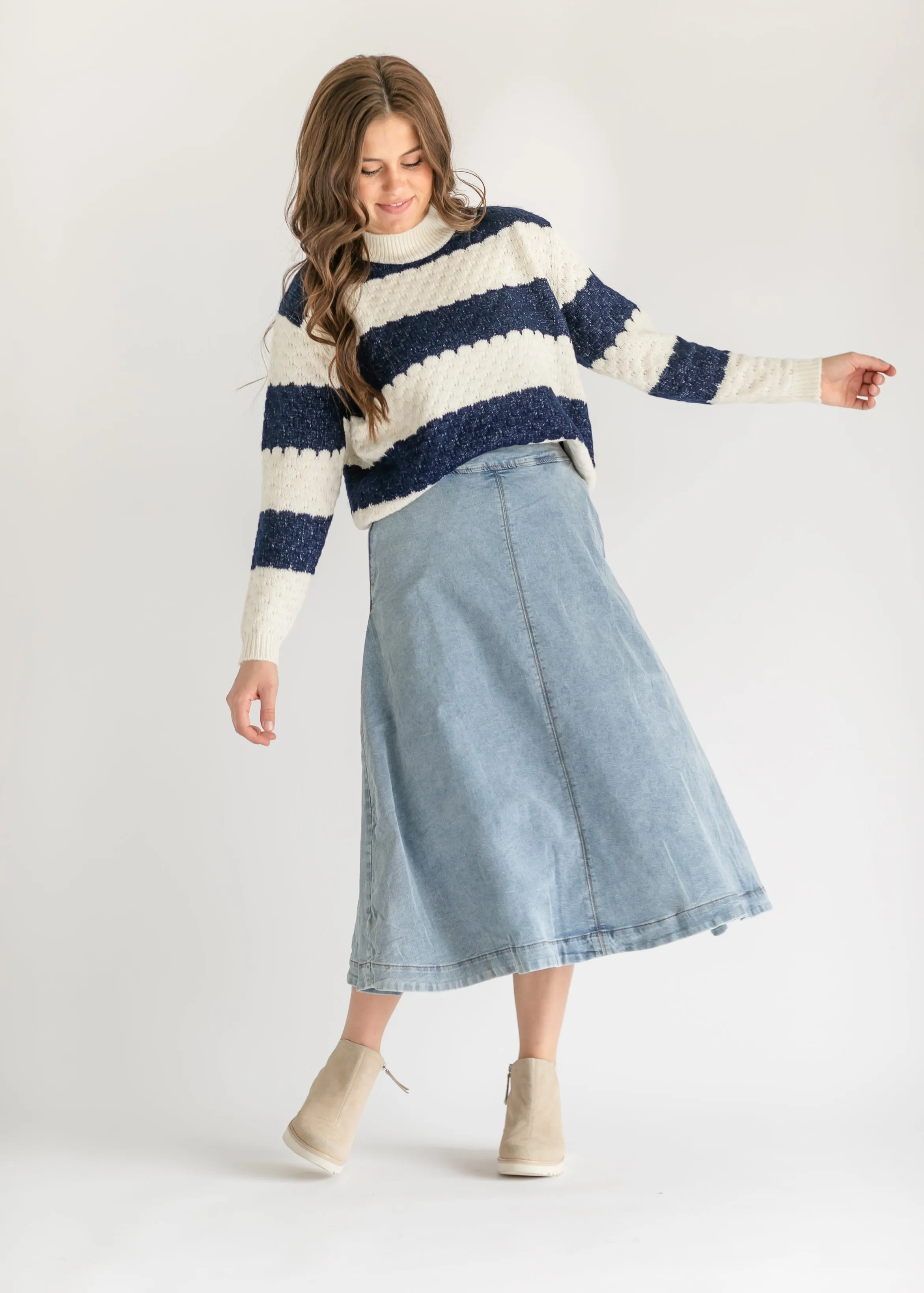 Back Zip A-line Denim Midi Skirt