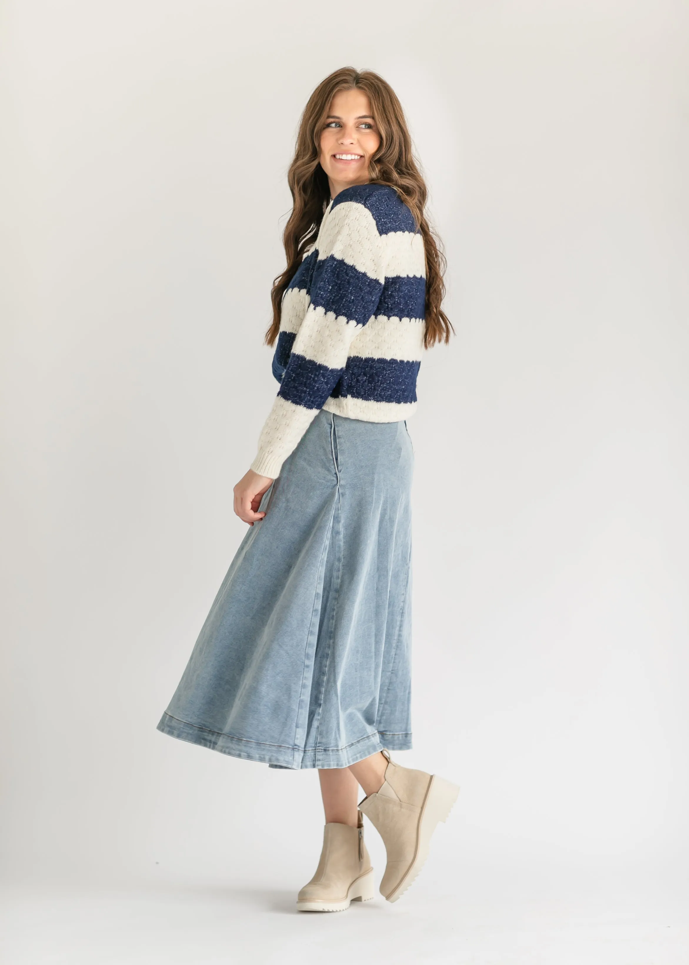Back Zip A-line Denim Midi Skirt