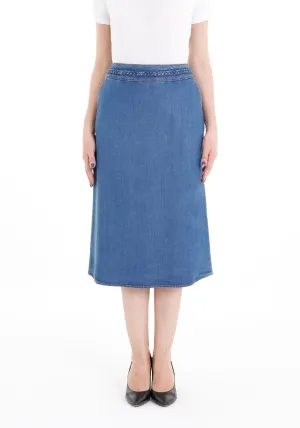 Blue Tencel A-Line Denim Midi Skirt with Knit Waistband Belt and Pockets - G-Line
