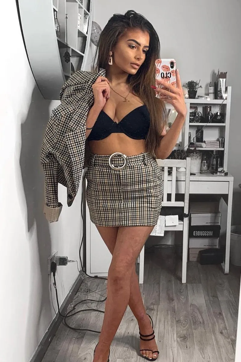 Brown Check O Ring Belted Mini Skirt - Alfa