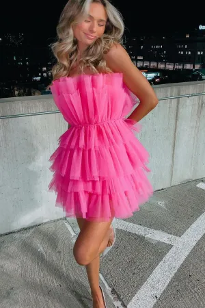 Cute A-Line Strapless Pink Tulle Short Homecoming Dresses VK23011502