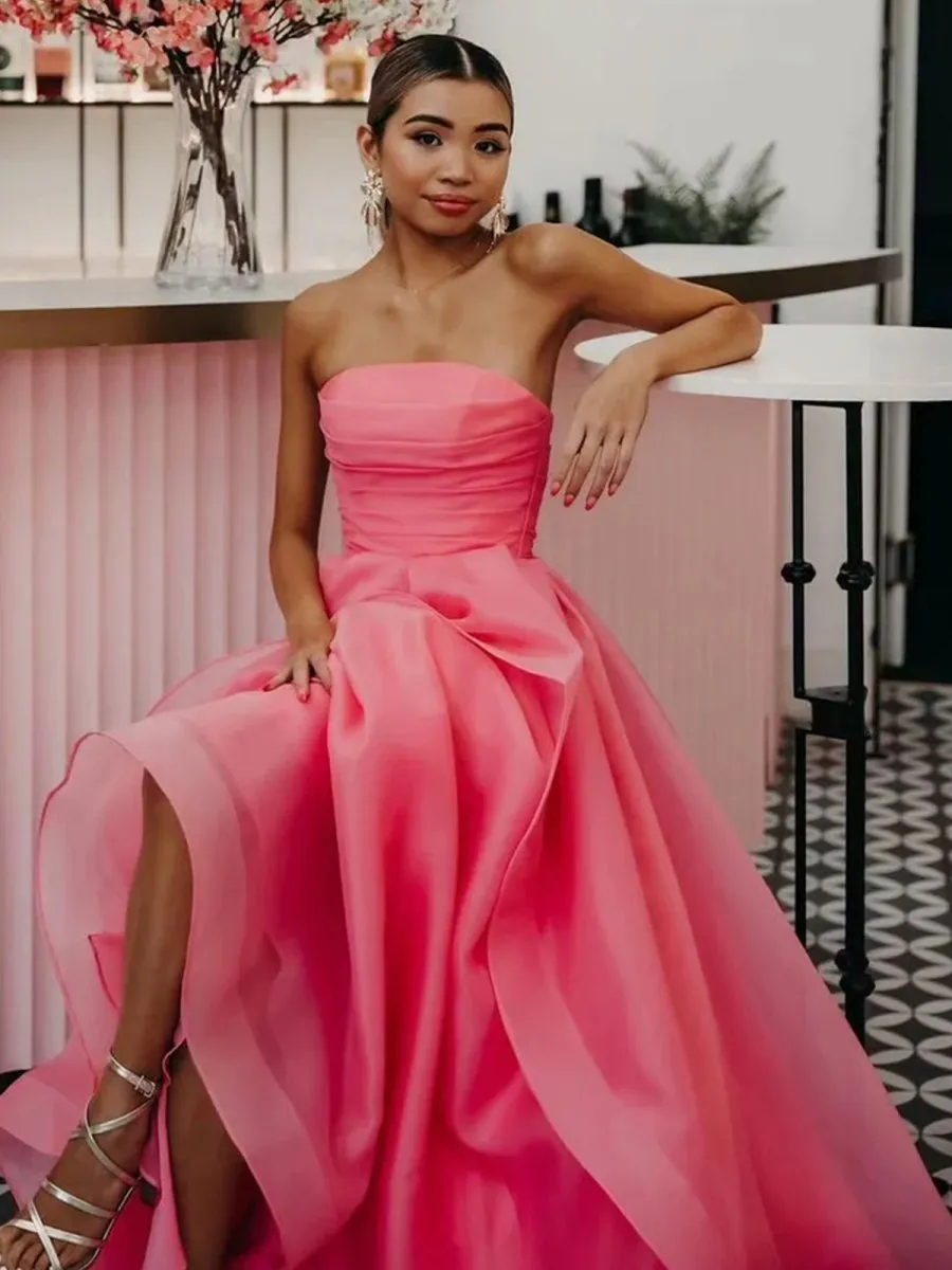 Elisa |Light Pink A Line Strapless Organza Prom Dress
