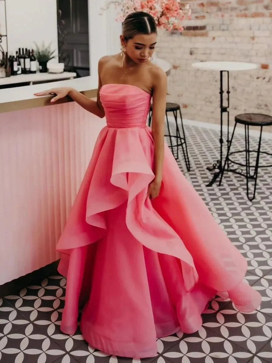 Elisa |Light Pink A Line Strapless Organza Prom Dress