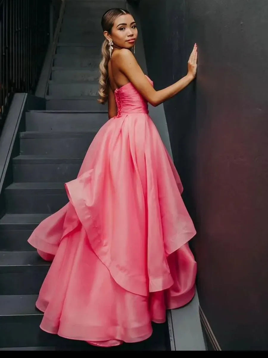 Elisa |Light Pink A Line Strapless Organza Prom Dress