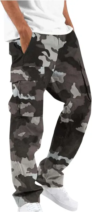 Finelylove Cargo Pants for Men Relaxed Fit Casual Camo Pants Lightweight Straight Cargo Sweatpants Outdoor Hiking Jogger