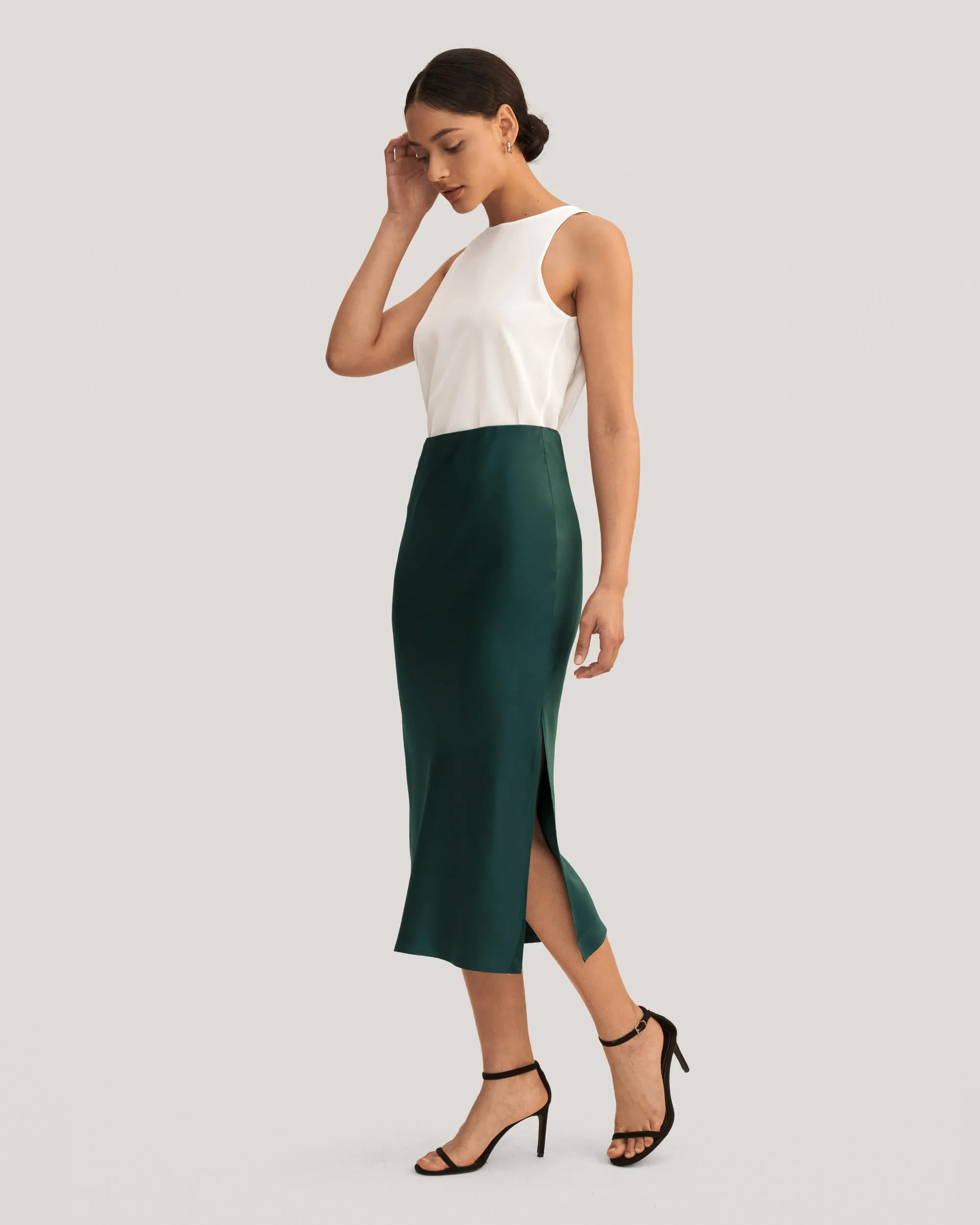 Flattering Side Slit Silk Midi Skirt