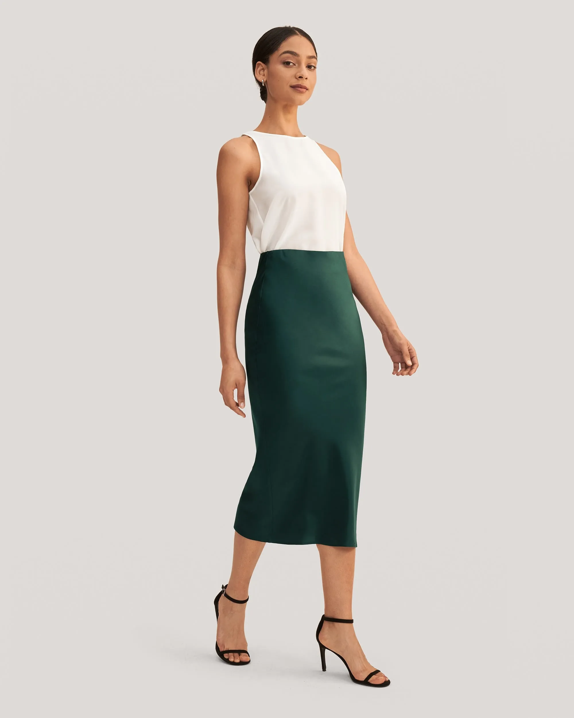 Flattering Side Slit Silk Midi Skirt