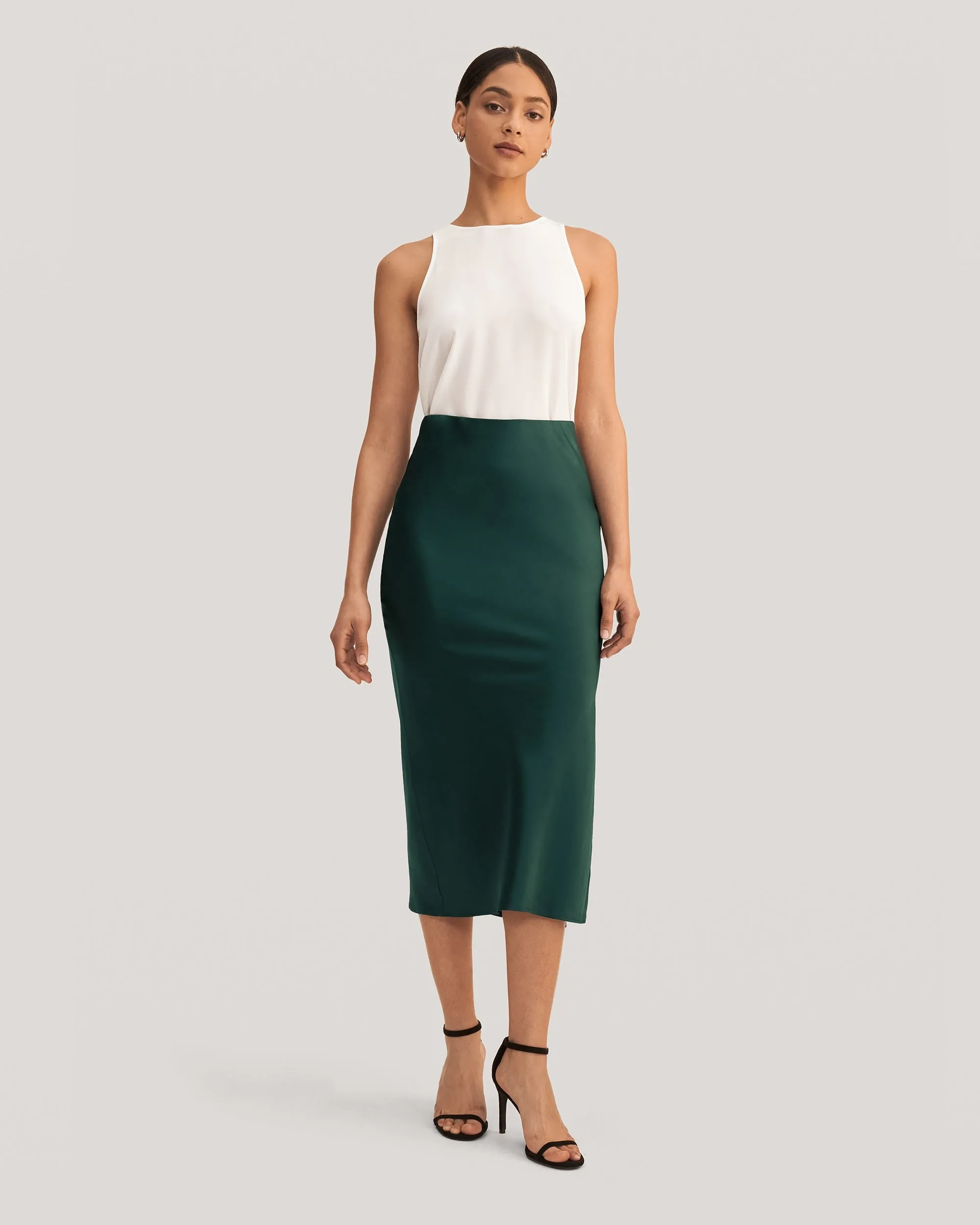 Flattering Side Slit Silk Midi Skirt