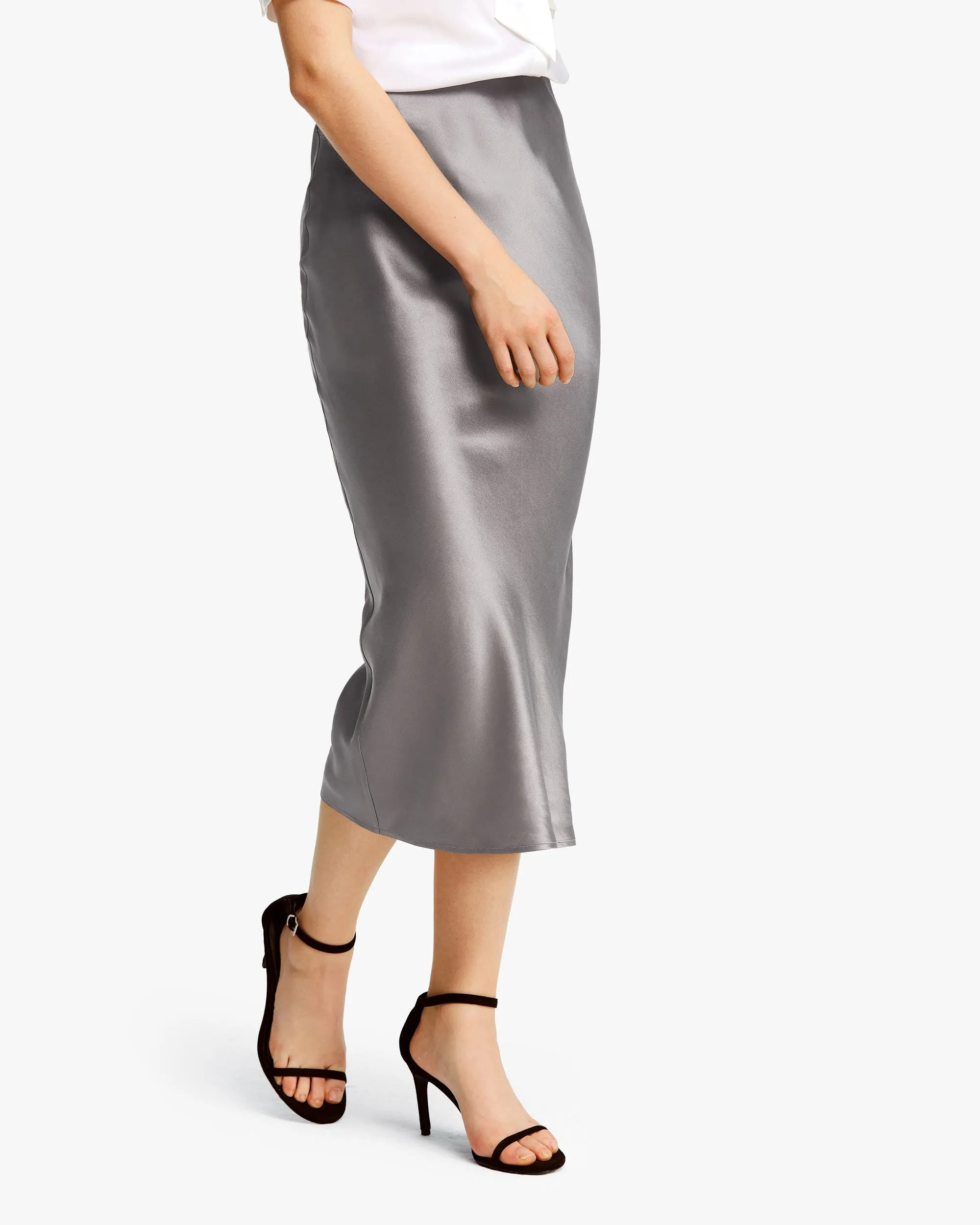Flattering Side Slit Silk Midi Skirt