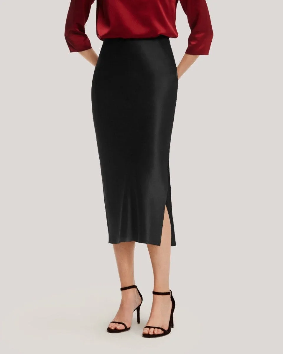Flattering Side Slit Silk Midi Skirt