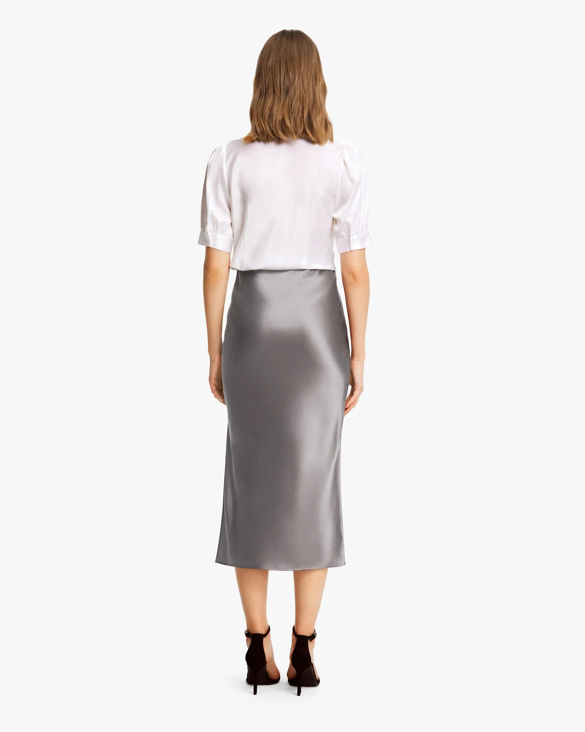 Flattering Side Slit Silk Midi Skirt