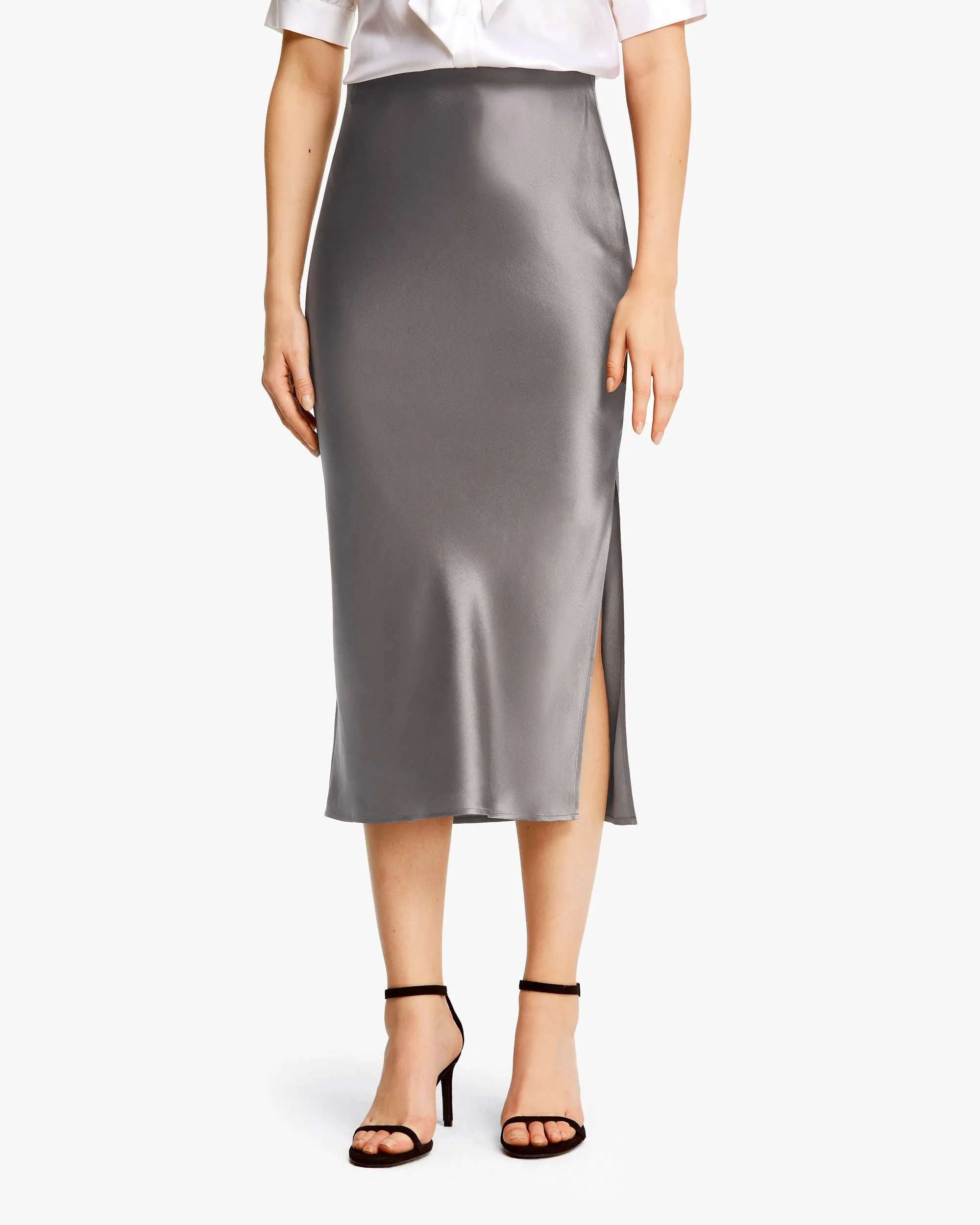 Flattering Side Slit Silk Midi Skirt