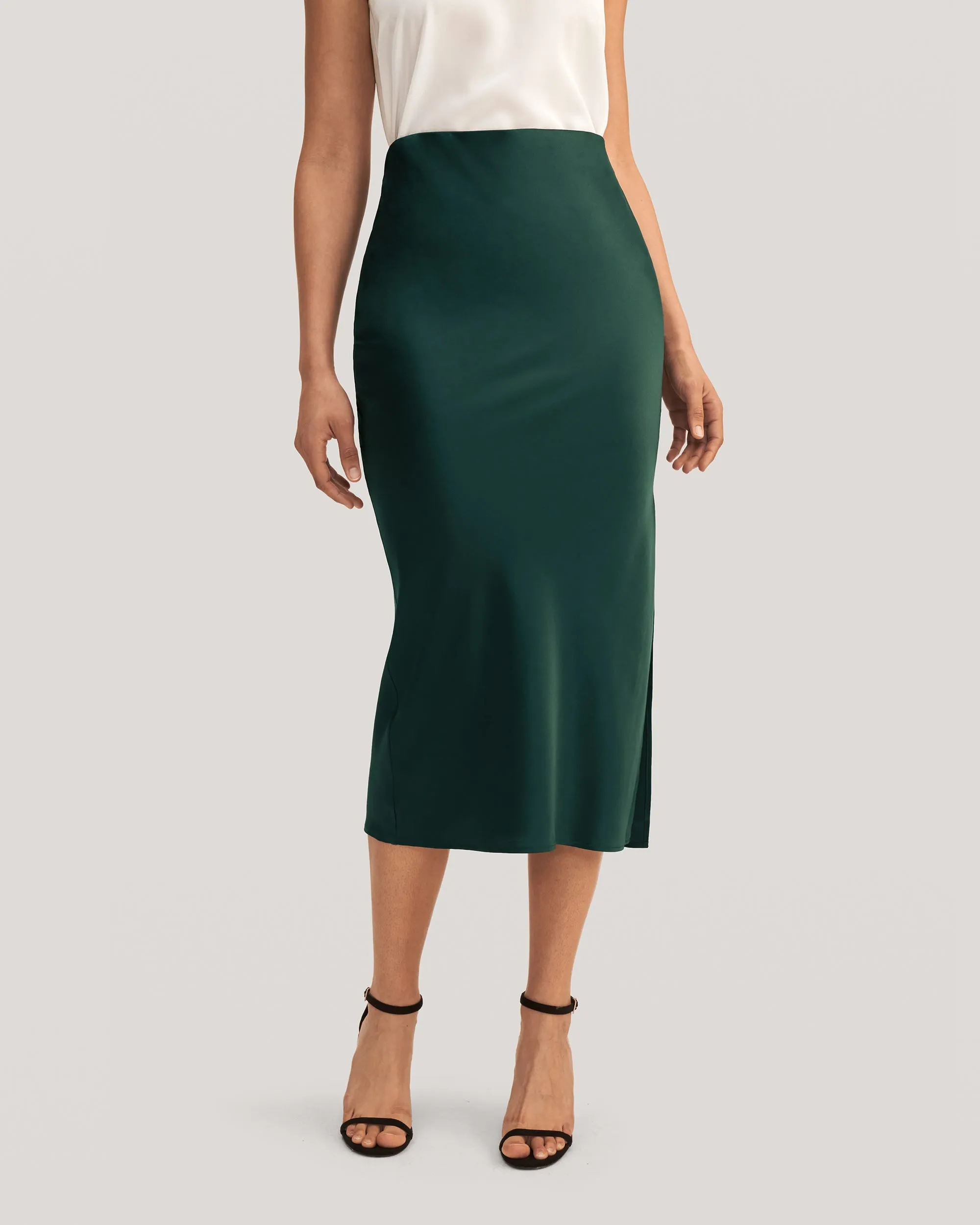 Flattering Side Slit Silk Midi Skirt