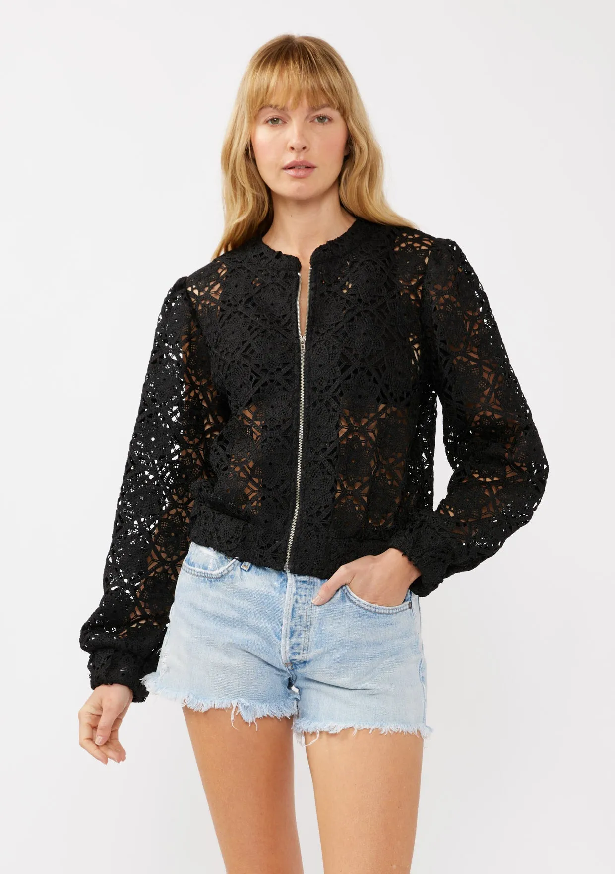 Floral Crochet Lace Bomber Jacket