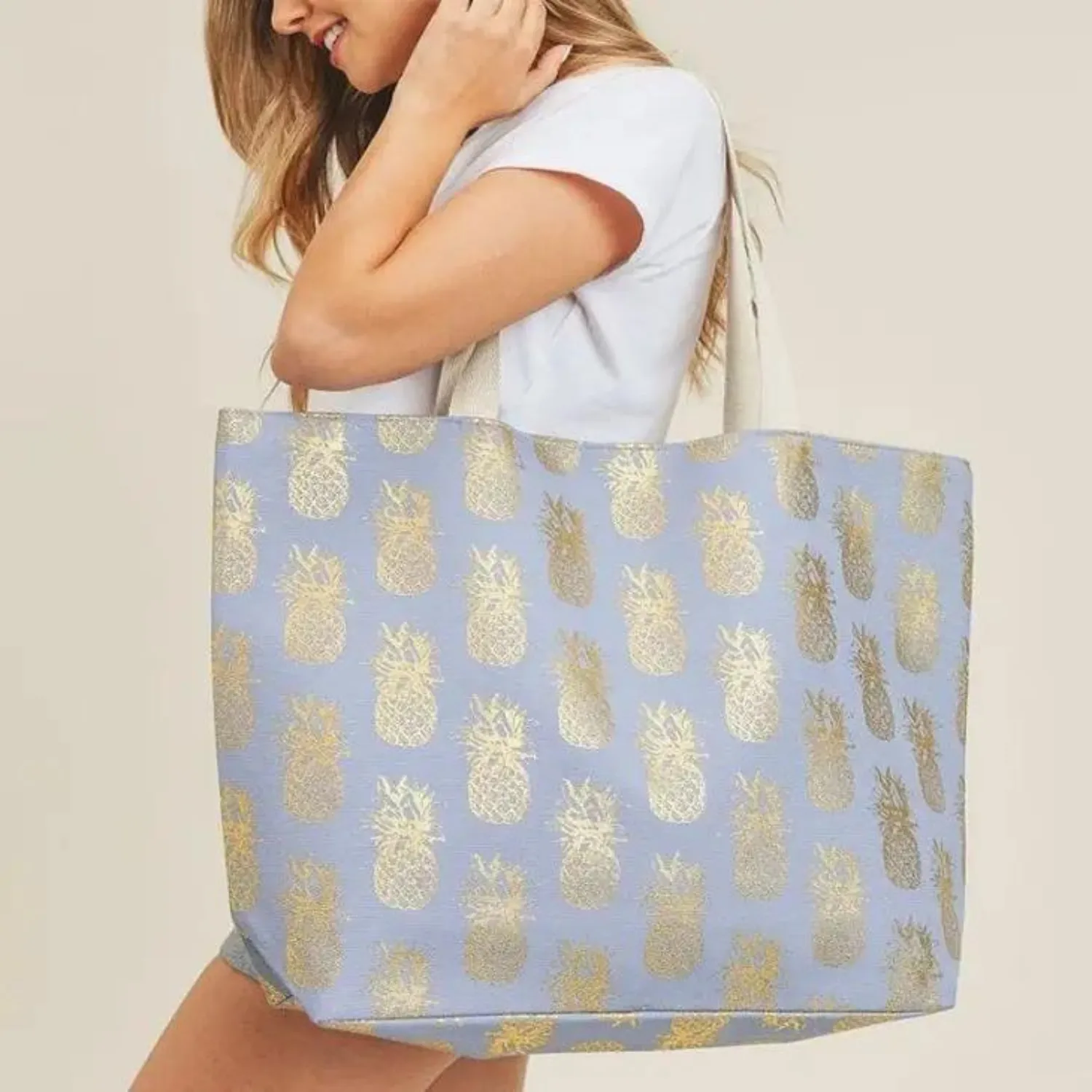 Gold Foil Pineapple Beach Bag