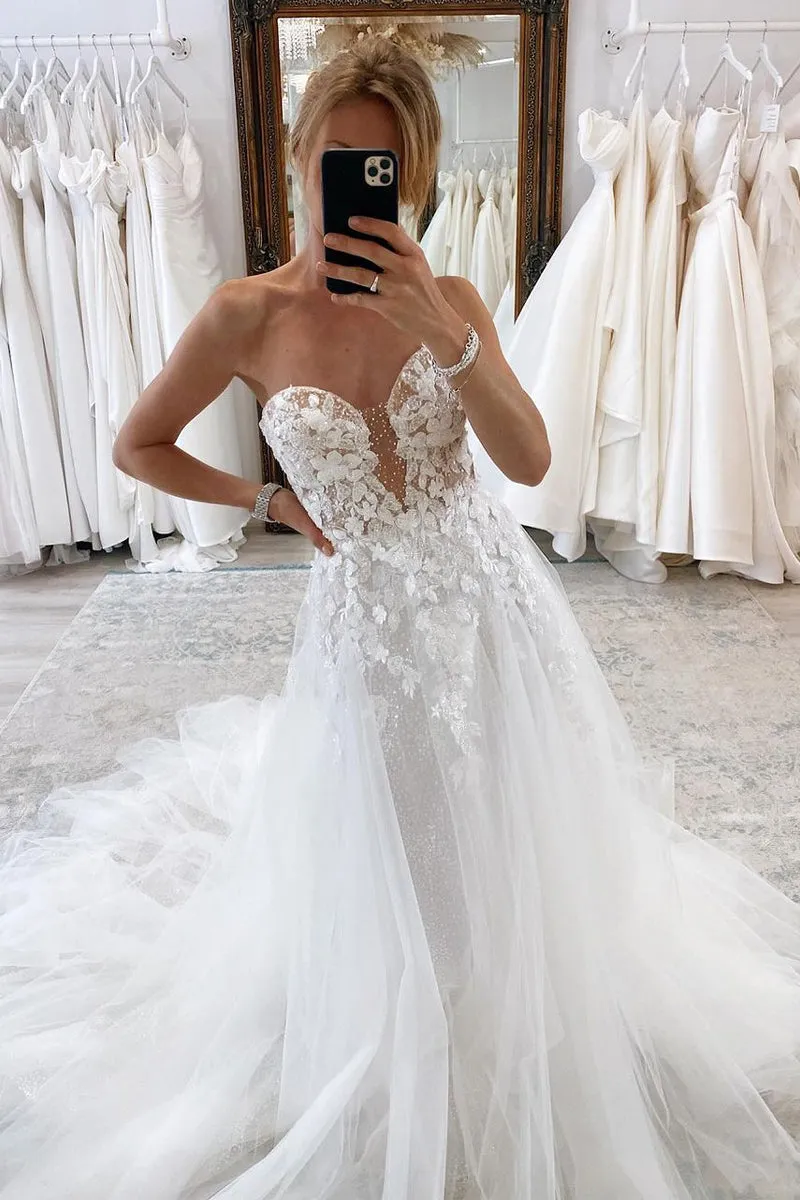 Gorgeous A-Line Strapless Tulle Lace Wedding Dresses VK24052101