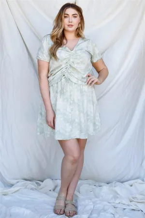 Junior Plus Sage Tie-Dye Floral Print Ruched Top & Mini Skirt Set /3-2-1