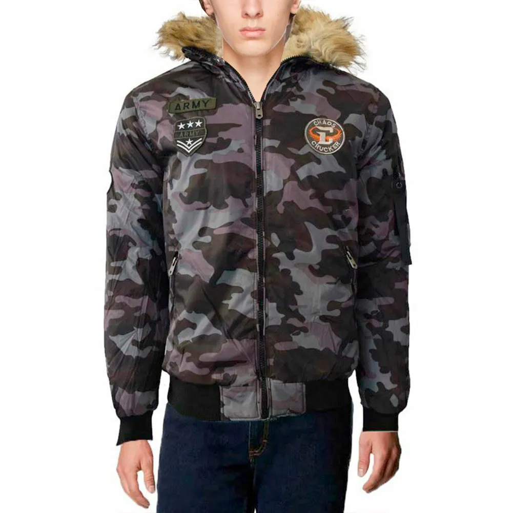 Mens Hoodie Puffer Jacket Zipper Camo Warm Faux Fur Collar Lining Chaos Crucker