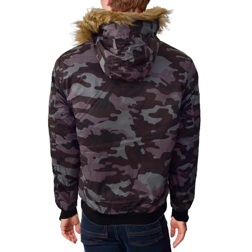 Mens Hoodie Puffer Jacket Zipper Camo Warm Faux Fur Collar Lining Chaos Crucker
