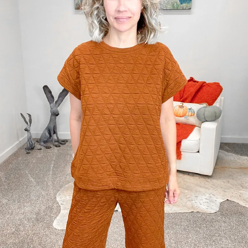 Rust Quilted Wide Leg Cropped Pants
