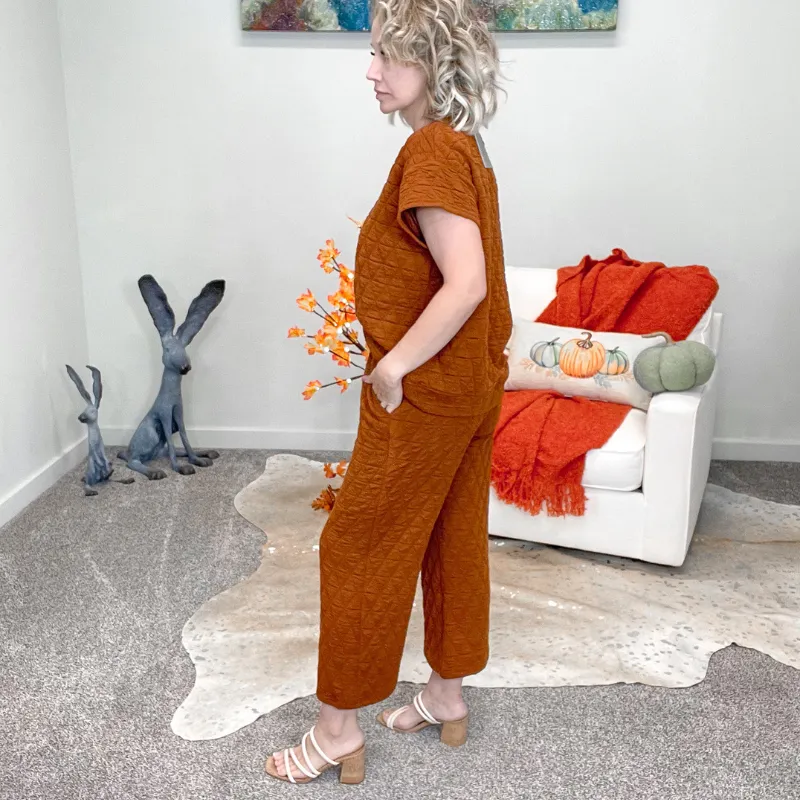 Rust Quilted Wide Leg Cropped Pants