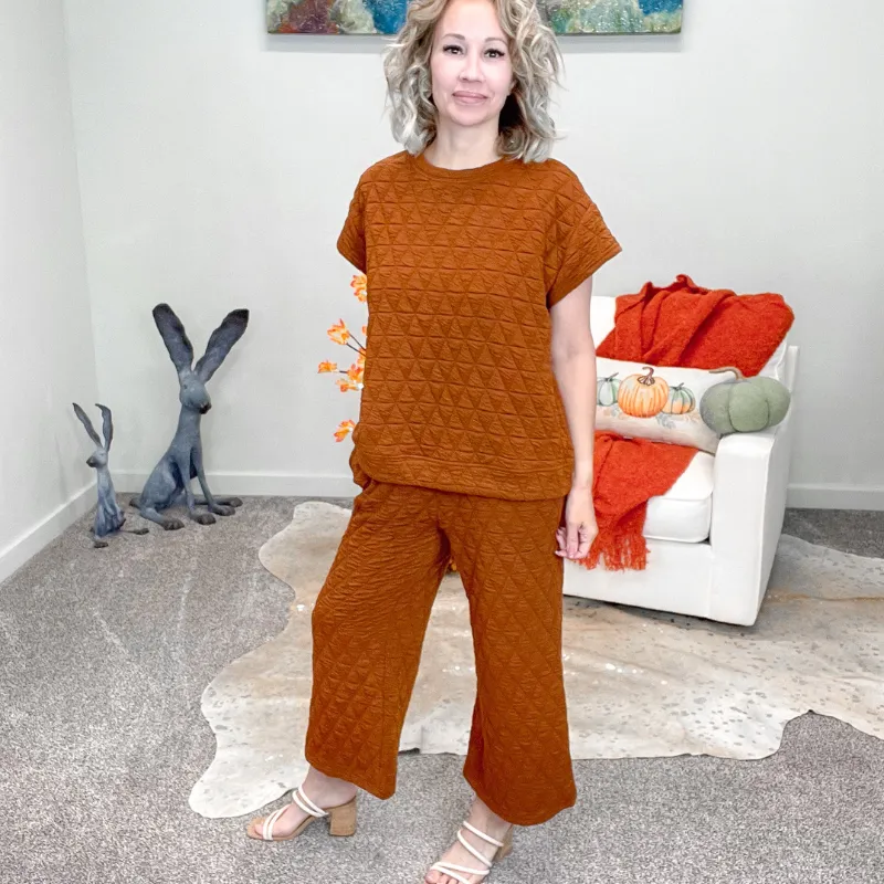 Rust Quilted Wide Leg Cropped Pants