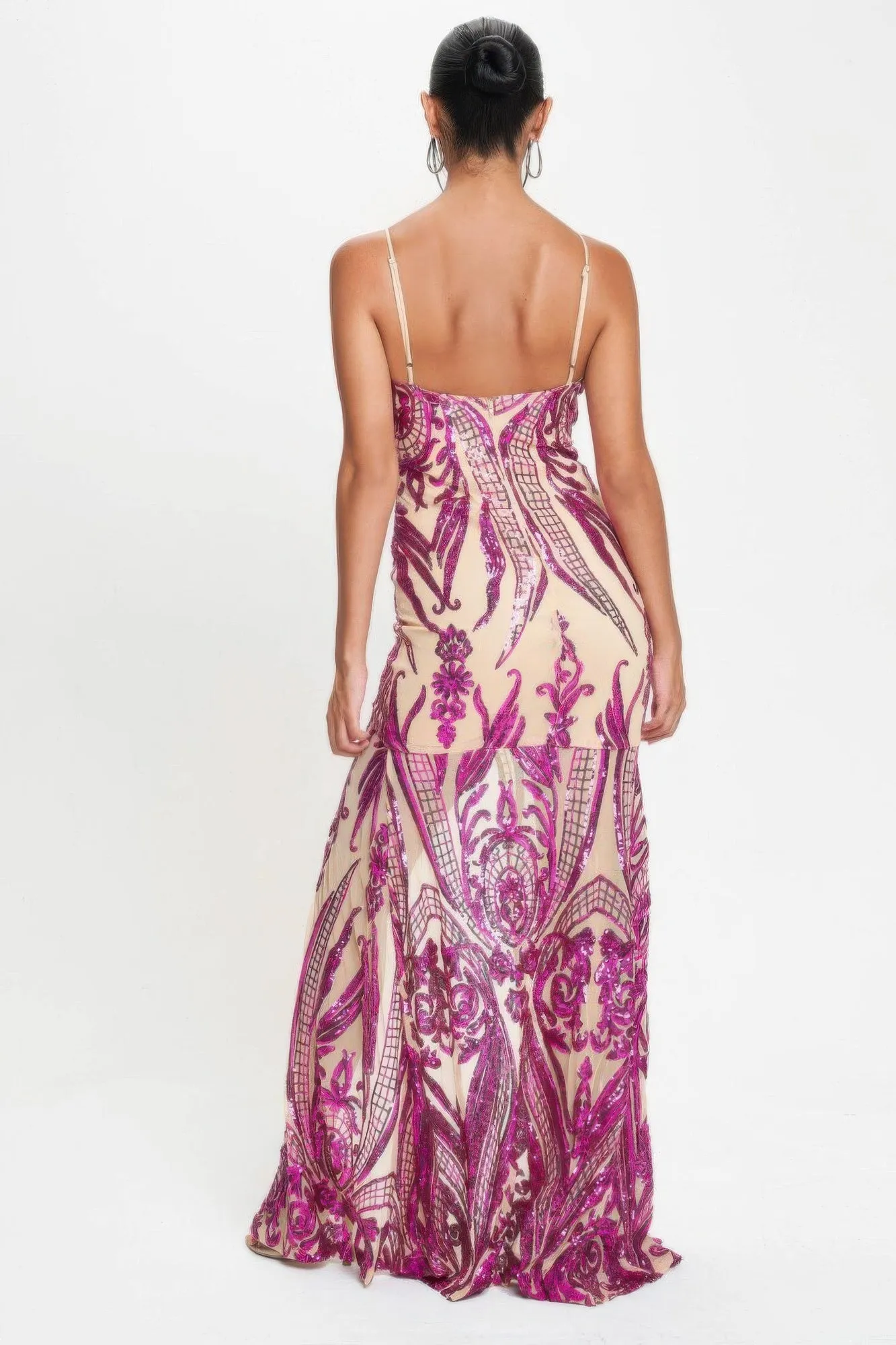 Spaghetti Strap Art Deco Sequins Maxi Dress - Fuschia