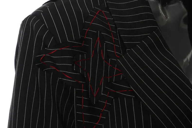 Striped Asymmetric Ribbon Black Long Trench Coat