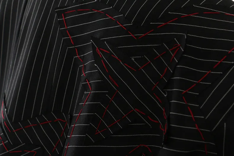 Striped Asymmetric Ribbon Black Long Trench Coat