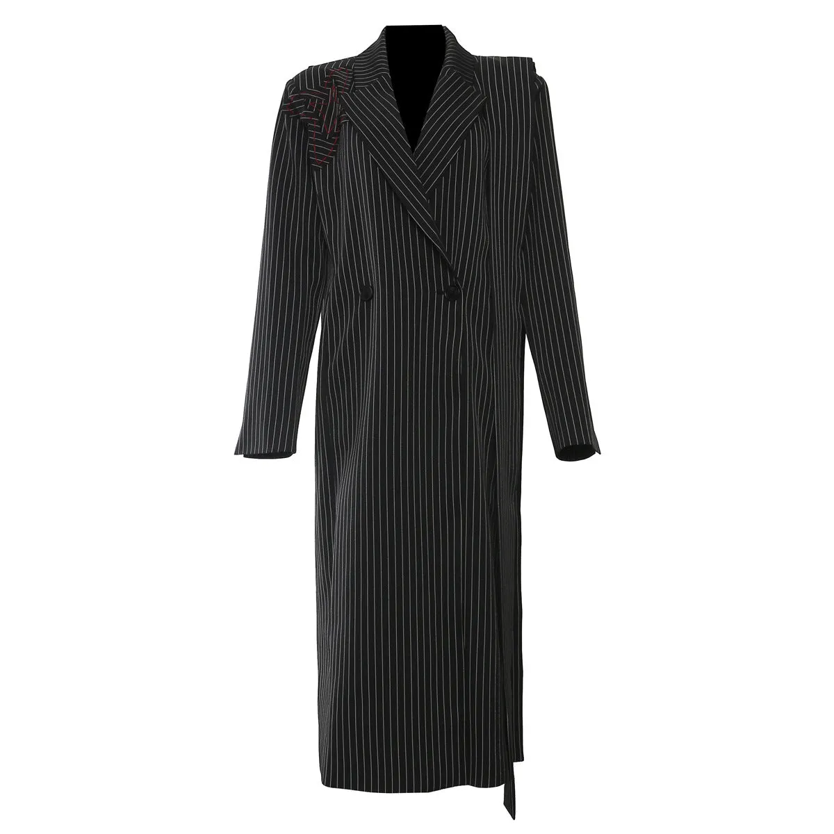 Striped Asymmetric Ribbon Black Long Trench Coat