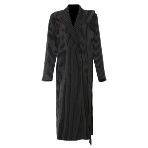 Striped Asymmetric Ribbon Black Long Trench Coat