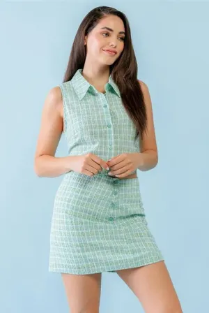 White & Blue Plaid Print Textured Collared Neck Sleeveless Button-Up Top & High Waist Button Mini Skirt Set /3-2-1