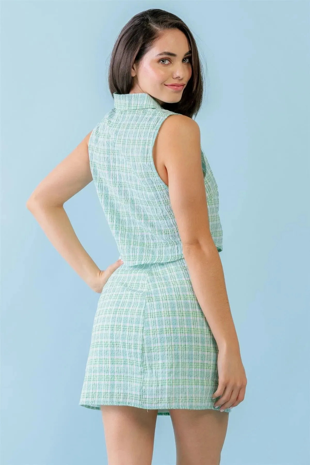 White & Blue Plaid Print Textured Collared Neck Sleeveless Button-Up Top & High Waist Button Mini Skirt Set /3-2-1