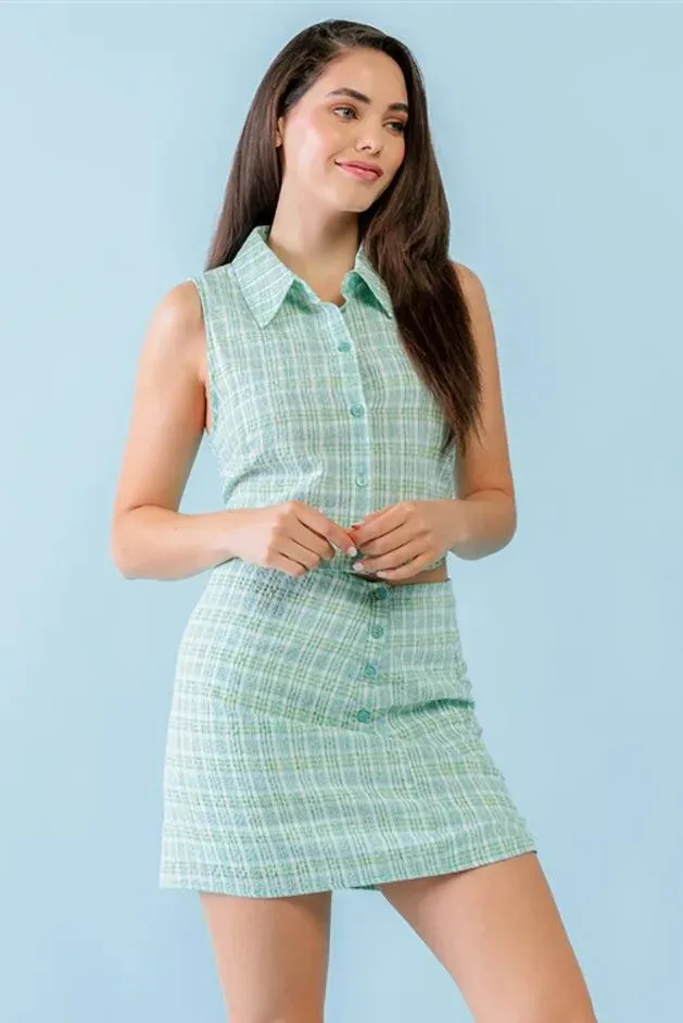 White & Blue Plaid Print Textured Collared Neck Sleeveless Button-Up Top & High Waist Button Mini Skirt Set /3-2-1