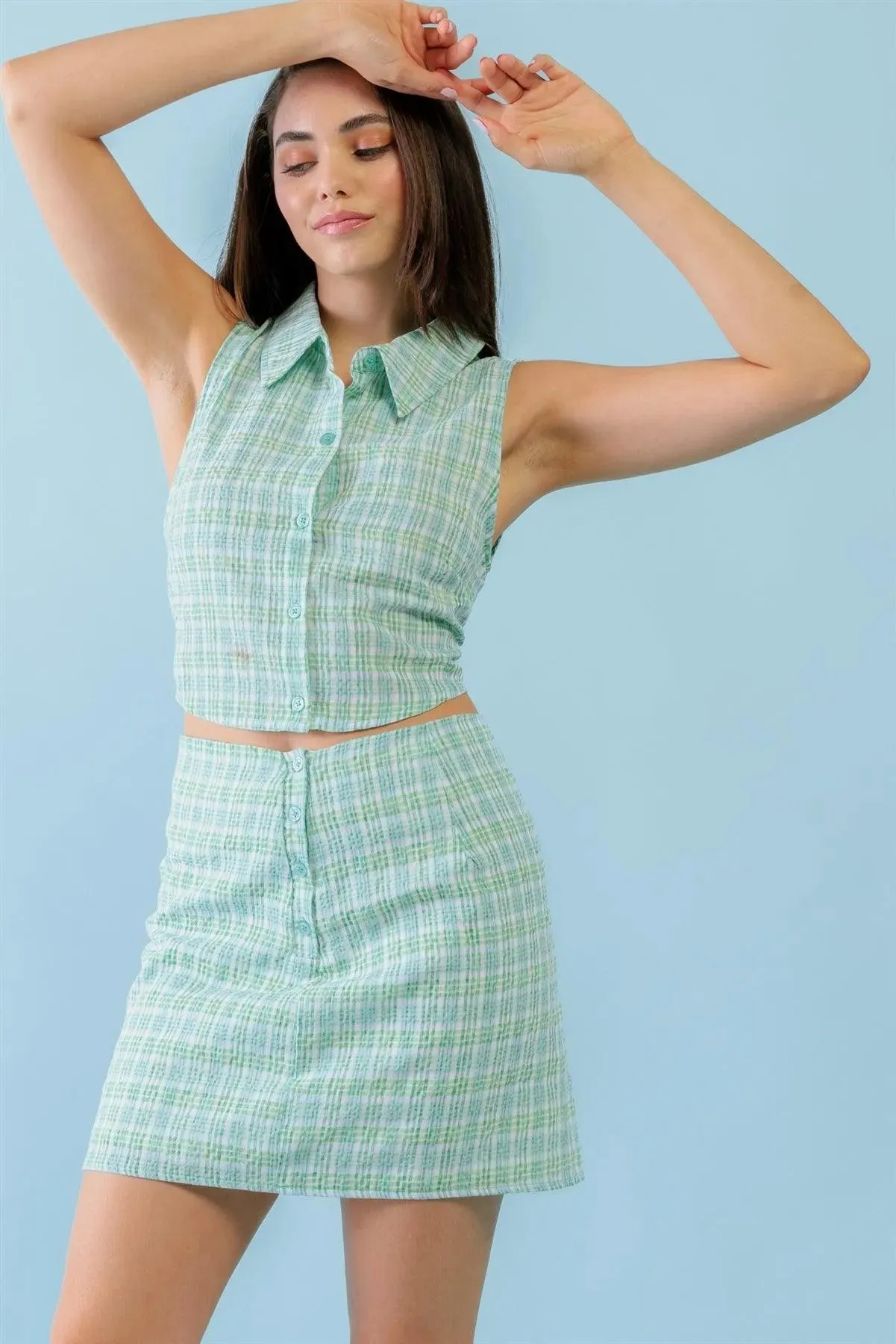 White & Blue Plaid Print Textured Collared Neck Sleeveless Button-Up Top & High Waist Button Mini Skirt Set /3-2-1